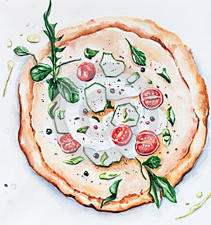 Watercolor illustration pizza with cheese