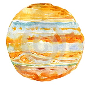 Watercolor illustration of planet Jupiter , isolated object on white background.