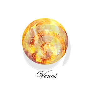 Watercolor illustration of the planet Venus on a white background. Colorful drawing for space illustrations on the theme of astron