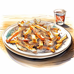 Watercolor Illustration Of A Plate Of French Fries