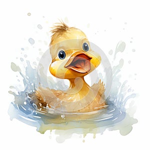 Watercolor Illustration Of Playful Duckling photo