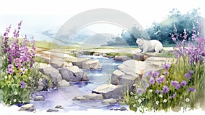 Watercolor Illustration Of A Polar Bear In A Snowy River With Purple Flowers