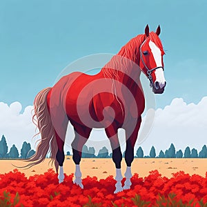 Watercolor illustration portrait of a brown horse with delicate poppies isolate. Can be used as a print for clothes, postcards