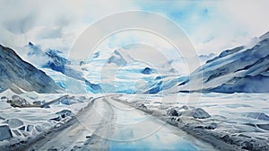 Watercolor Illustration Of A Post-apocalyptic Mountain Road And Glacier