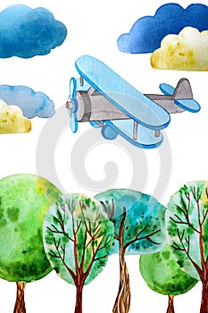 Watercolor illustration. postcard plane, clouds, trees.