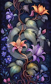 Watercolor illustration poster with intertwined flowers and leaves, red, gold, black, blue, very cute,