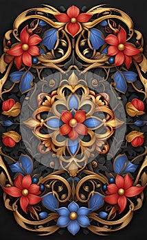 Watercolor illustration poster with intertwined flowers and leaves, red, gold, black, blue, very cute,