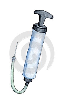 Watercolor illustration of a pump for balls. Blue pump pumping air, inflating.
