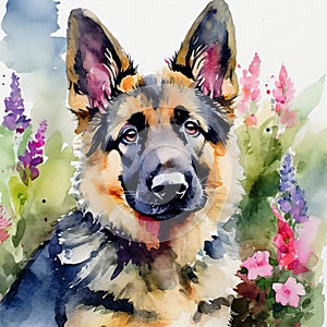 Watercolor illustration of pure breed German Shepherd dog. Cute puppy. Painting of domestic animal