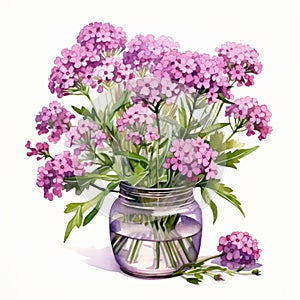 Watercolor Illustration Of Purple Flowers In A Glass Vase