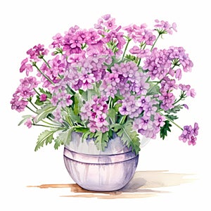 Watercolor Illustration Of Purple Geraniums In A Bouquet