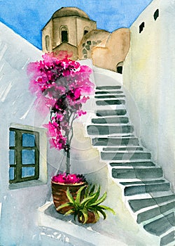 Watercolor illustration of a quarter with stairs and white houses of Santorini