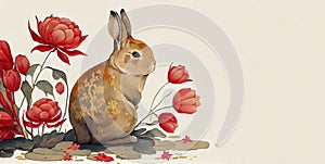 watercolor illustration of rabbit painting sumi-e generative AI art
