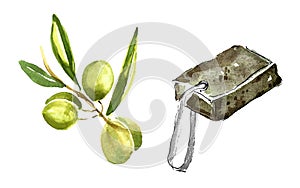 Watercolor illustration of a rectangular handmade olive-colored soap