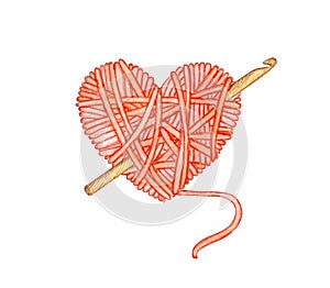 Watercolor illustration of a red ball of wool in the shape of a heart with a crochet in it