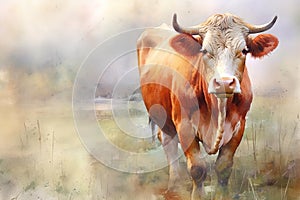 watercolor illustration red cow in the field
