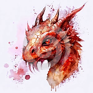 Watercolor illustration of a red dragon on white background.