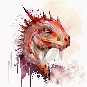Watercolor illustration of a red dragon on white background.