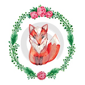 Watercolor illustration of red Fox decorative frame of flowers on white isolated background. Hand painted animal