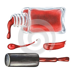 Watercolor illustration. Red nail polish is poured from a bottle, a lid with a brush and a smear of paint. Isolated on a