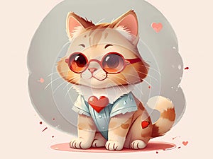 Watercolor illustration of a red orange fluffy kitten. Ginger cat wearing T-shirt and round glasses.