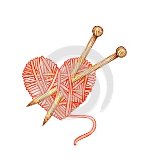 Watercolor illustration of a red skein of thread in the shape of a heart with knitting needles in it.
