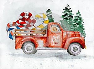 Watercolor illustration of a red truck with bear driver