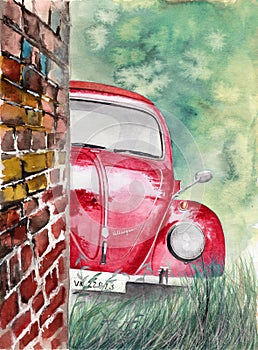 Watercolor illustration of a red Volkswagen beetle