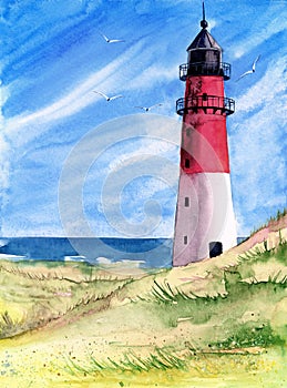 Watercolor illustration of a red and white lighthouse on a green hill