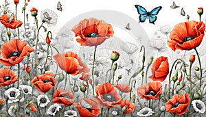 Watercolor illustration. Red and white poppies with butterflies on white background