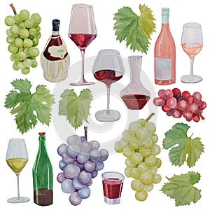 Watercolor illustration of red, white and rose wine in glasses and bottles, grapes and grape leaves