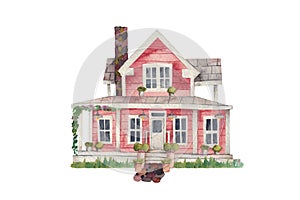 Watercolor illustration of red wooden house