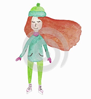 watercolor illustration with redhead girl on figure skates