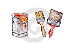 Watercolor illustration.repair of apartments and houses, a coat of paint and brushes for coloring the surface. Isolated