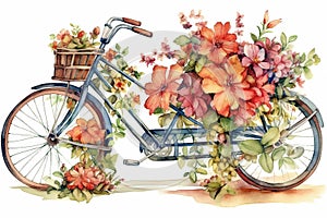 Watercolor Illustration Of Retro Bike In Colorful Flowers On A White Background