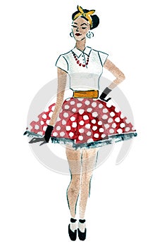 Watercolor illustration of a retro stylish girl