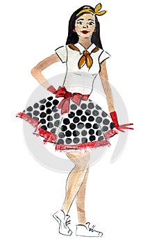 Watercolor illustration of a retro stylish girl