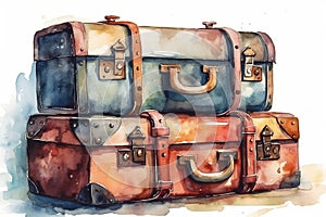Watercolor Illustration Of Retro Suitcases On A White