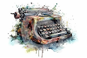 Watercolor Illustration Of Retro Typewriter On A White Background