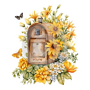 Watercolor illustration of retro vintage mailbox surrounded by yellow flower blossom. Design element isolated on white background