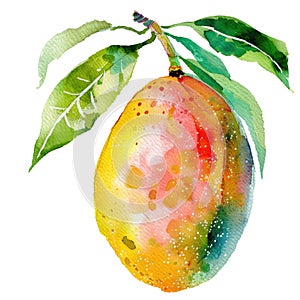 Watercolor illustration of a ripe mango with green leaves
