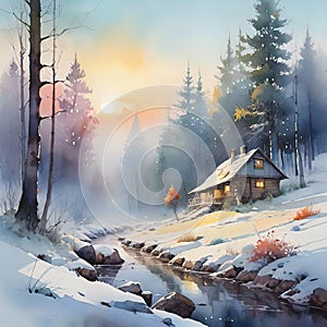 Watercolor illustration, romantic beautiful landscape with mountains and forest, background for smartphone, giclee,
