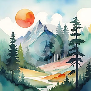 Watercolor illustration, romantic beautiful landscape with mountains and forest, background for smartphone, giclee,