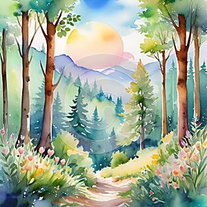 Watercolor illustration, romantic beautiful landscape with mountains and forest, background for smartphone, giclee,