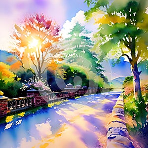 Watercolor illustration, romantic beautiful landscape with mountains and forest, background for smartphone, giclee,