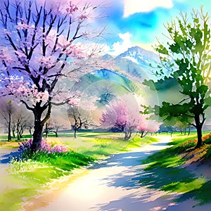 Watercolor illustration, romantic beautiful landscape with mountains and forest, background for smartphone, giclee,