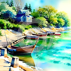 Watercolor illustration, romantic beautiful seaside landscape with boats during sunset, background for smartphone, giclee,