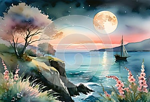 Watercolor illustration, romantic beautiful seaside landscape with sailing ship and during sunset,