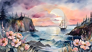 Watercolor illustration, romantic beautiful seaside landscape with sailing ship and during sunset,