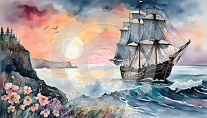 Watercolor illustration, romantic beautiful seaside landscape with sailing ship and during sunset,